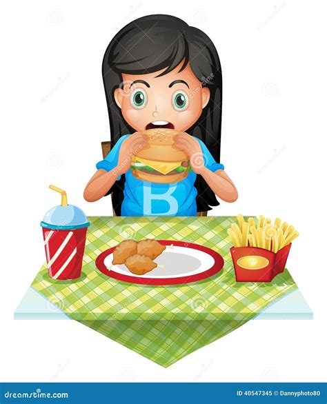 Hungry Girl Eating Pork Pan Or Buffet Meal Isolated On Background With