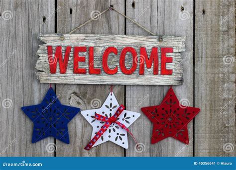 Wood Welcome Sign With Red White And Blue Stars Stock Photo Image