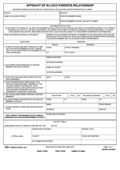 Fillable Form 9124 Affidavit Of In Loco Parentis Relationship 2011