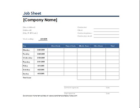 Sample Job Sheet Template For Excel Formal Word Templates Word