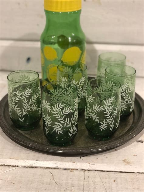 Vintage Green Juice Glass Set Of 6 Etsy Uk