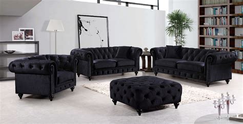 Chesterfield Black Velvet Sofa And Loveseat Fabric Living Room Sets