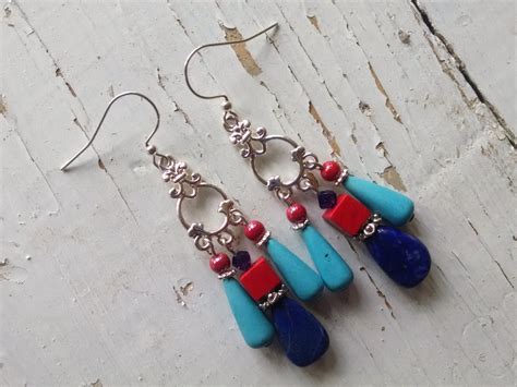 Silver Chandelier Earrings With Turquoise And Lapis Teardrops