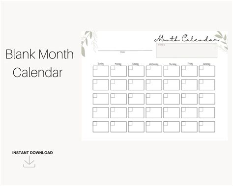 Blank Month Calendar Printable Template Digital Etsy