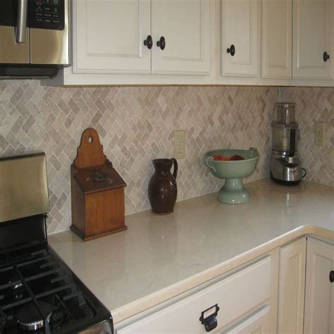 Cream Herringbone Stone Mosaic Tile Mosaic Backsplash Kitchen