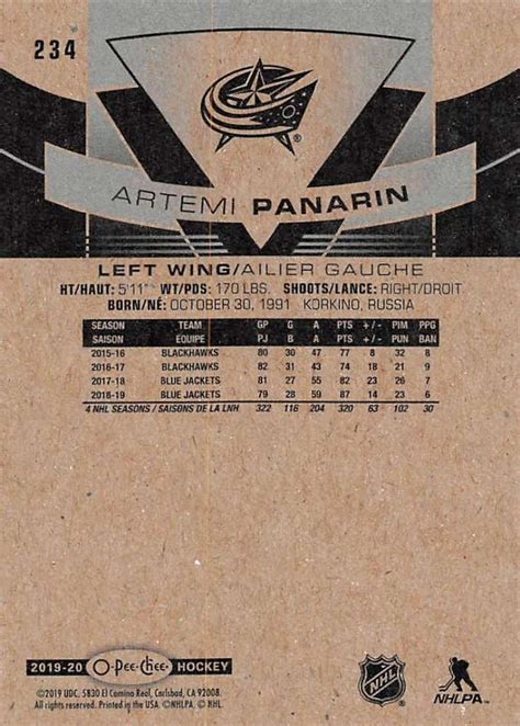 Recently added card # oldest newest highest srp highest price lowest price biggest discount highest percent off print run least in stock most in stock ending soonest. 2019-20 O-Pee-Chee #234 Artemi Panarin | Trading Card Database