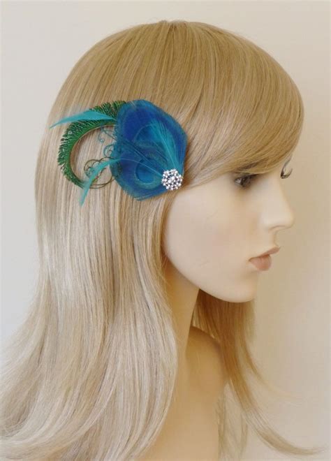 turquoise blue and green peacock feather hair clip fascinator crystal wedding bridal brid