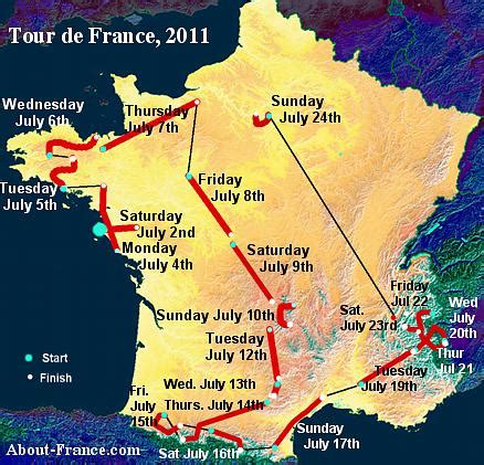 The 2021 tour de france starts on saturday 26th june in brest, a naval port in the west of brittany click links for guides to the regions and towns along the route of the 2020 tour de france. The Tour de France 2011 in English - route and map