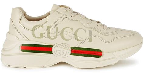 Gucci Rython Logo Print Leather Sneakers In Ivory White For Men Lyst