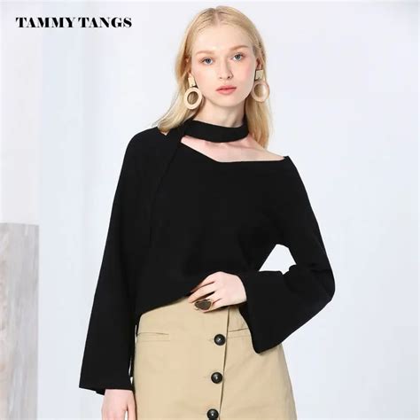 Tammytangs 2016 Autumn Black Knitwear Long Flare Sleeve Pullovers Solid