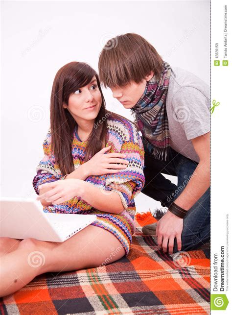 Beautiful Teen Girl And Boy With Computer Royalty Free