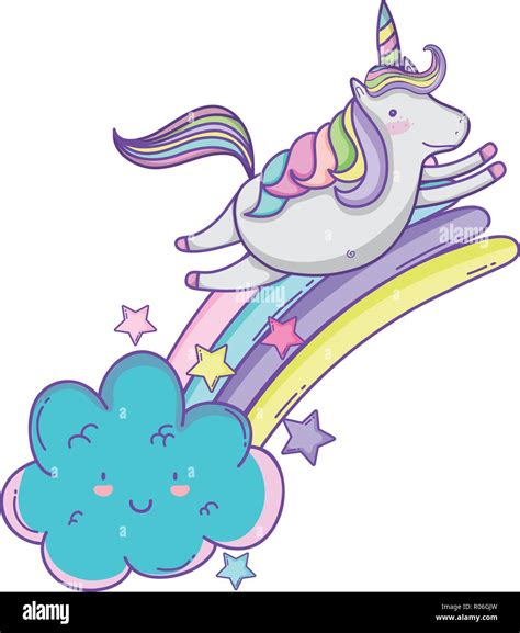 Cute Unicorn Flying On Cloud With Rainbow Cartoon Vector Illustration