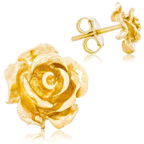 Solid 14k Yellow Gold Rose Flower Stud Earrings Handcrafted Style 10mm