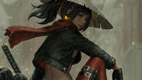 Asian Conical Hat Black Hair Girl Glove Ponytail Rain Samurai Woman