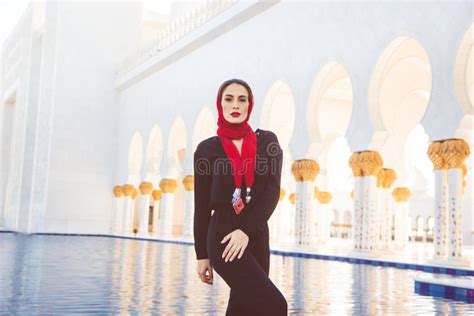 Fashion Woman In Grand Mosque In Abu Dhabi Stock Photo Image Of Arch