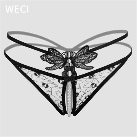 【ready stock】 g strings butterfly pearl thong woman erotic open crotch panties with beads slit