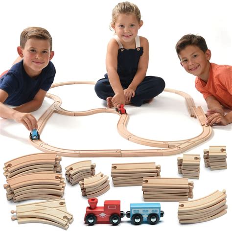 Wooden Train Tracks 52 Pcs Wooden Train Set Plus 2 Bonus Toy Trains
