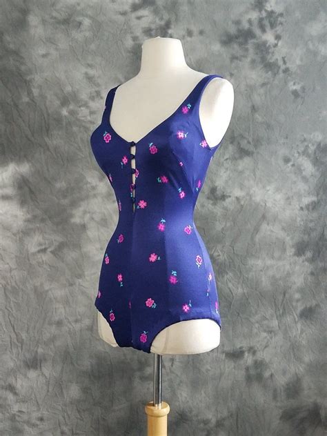 1960s Purple Floral Bathing Suit Open Back Button Down Etsy Floral