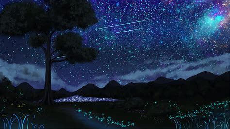 Hd Wallpaper Anime Original Shooting Star Starry Sky Tree