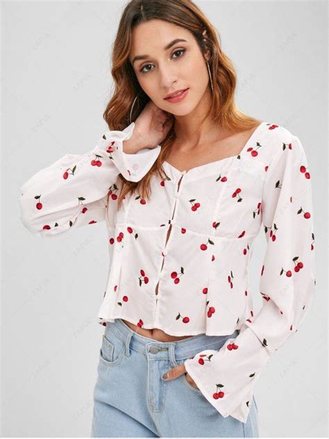 30 Off 2021 Cherry Print Flare Sleeve Blouse In Multi Zaful