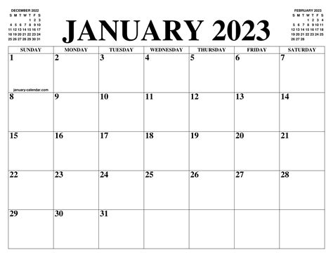 Printable January 2023 Calendar Pdf