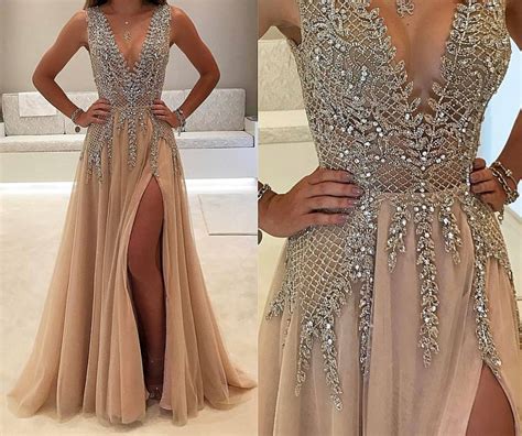 Shinny Prom Dress With Deep V Neck Nude Chiffon Long Formal Dress With Slit Pd On Storenvy