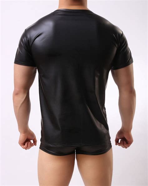 1pcs Cool Men Pu Faux Leather T Shirts Hot Sexy Club Dance Wear Light Standard Man T Shirt Cool