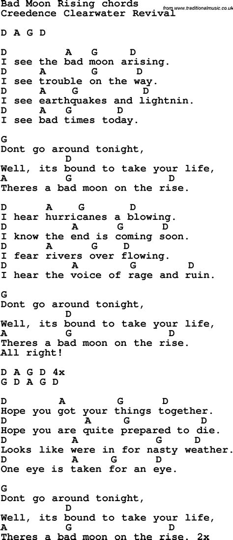 Song Lyrics With Guitar Chords For Bad Moon Rising Ukelele Songs Easy