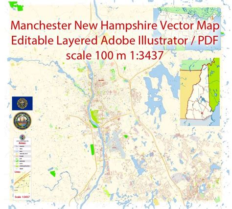 Manchester New Hampshire Map Vector Exact City Plan