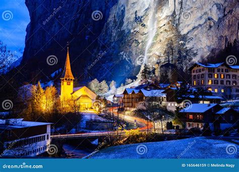 Amazing Touristic Alpine Village At Night In Winter With Famous Church