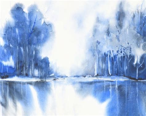 Bleu Peinture Paysage Estampe Abstrait Monochrome Bureau