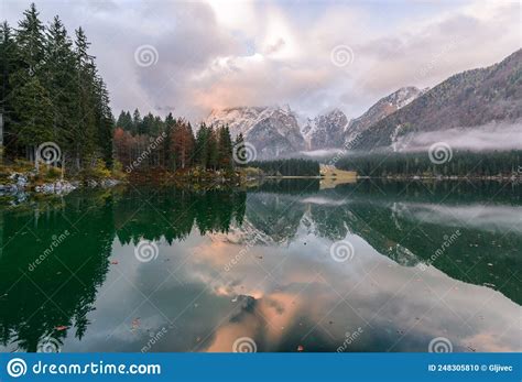 Beautiful Scene At Lago Di Fusine Autumn Scenery At Lake Fusine In