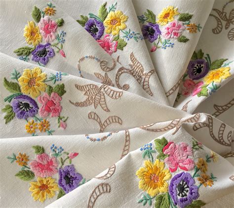 Excited To Share This Item From My Etsy Shop Beautiful Vintage Hand Embroidered Floral Linen