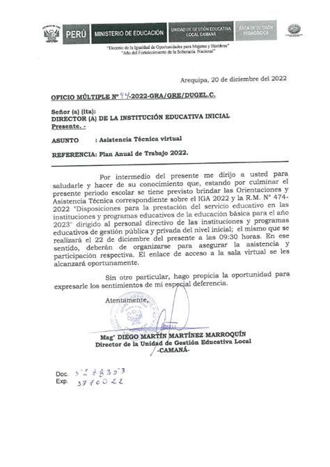 Oficio Multiple Nº 094 Asistencia TÉcnica Virtual Iga 2022 Ugel Camaná