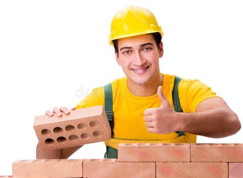 Handsome Construction Worker Building Brick Wall Stock Image Image Of