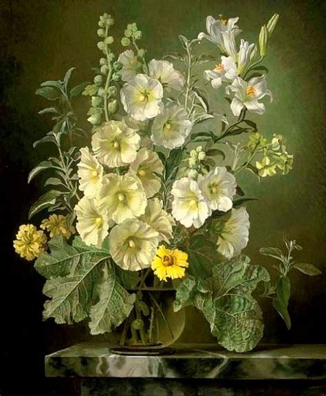 A Painting Of White And Yellow Flowers In A Glass Vase On A Marble