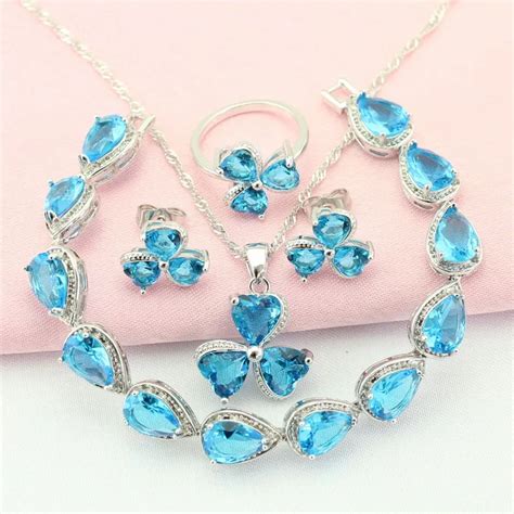 Blue Cubic Zirconia Silver Color Jewelry Sets For Women Adornment