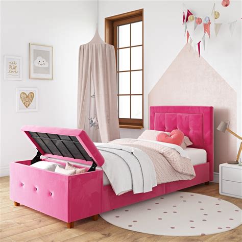 Dhp Daria Upholstered Bed With Storage Chest In Pink Velvet In Twin