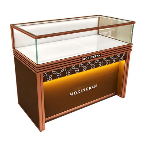 Golden Stainless Steel Jewelry Glass Case Jewelry Display Cabinet For Sale