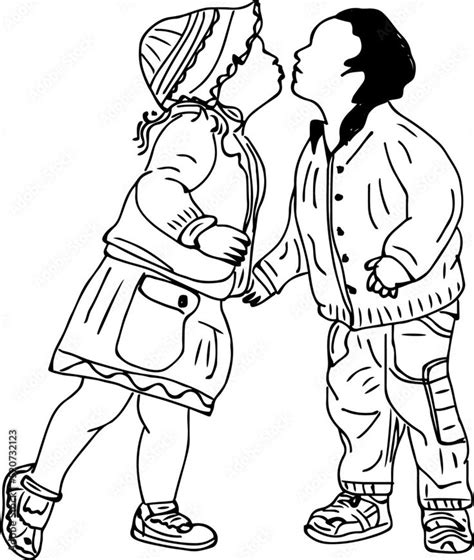 Kid Boy And Girl Kissing Sketch Drawing Cute Kids Loving Each Other