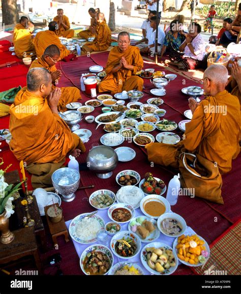 Thailand Thai Buddhist Monk Religion Temple Monks Eating Midday Meal