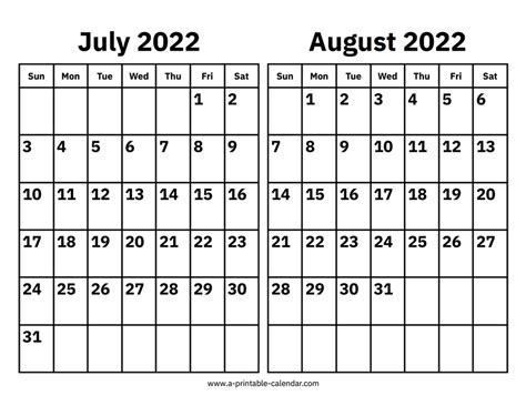 July And August 2022 Calendar A Printable Calendar