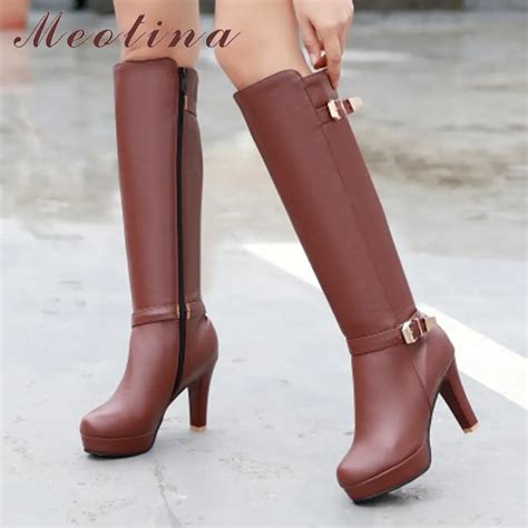 meotina women winter boots knee high boots platform high heel boots buckle zip sexy ladies