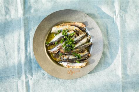 Traditional Spanish Pintxos Of Cantabrian Anchovies In Olive Oil Stock Image Image Of