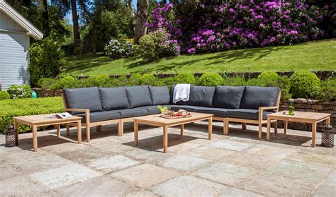 Garden Lounge Corner Sofa Set In Roble Hardwood With Grey Cushions
