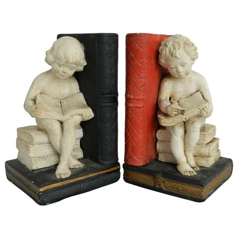 Pair Of Bookends Children Girl Boy Reading Book Plaster Circa 1920 For