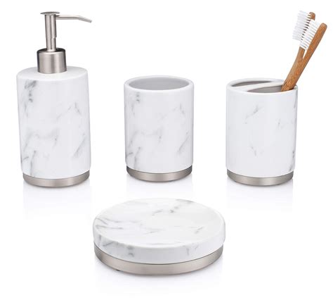 Essentrahome 4 Piece White Ceramic Bathroom Accessory Set With Marble