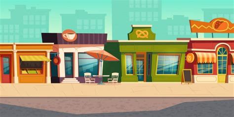 An Animated City Street Scene With Shops And Restaurants On The Side