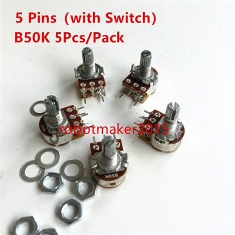 5pcs B50k 50k Wh148 5 Pins Potentiometer With Switch Shaft 15mm 5 Pin