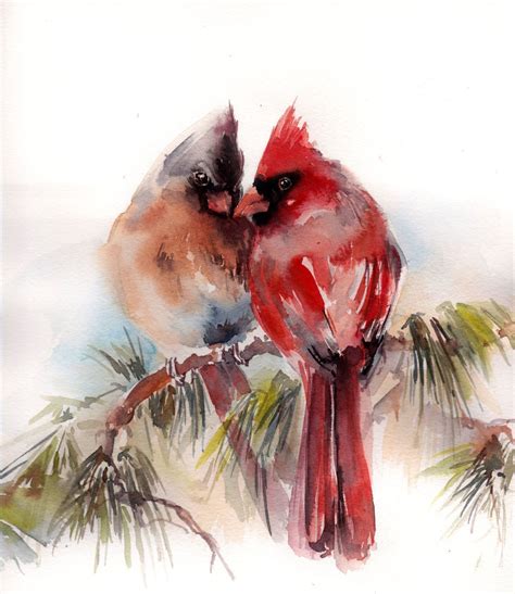 Birds Original Watercolor Paintnig Cardinal Birds Couple Northern